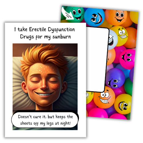 Image show the front of the Bare Cards Giggle Balls Humour Range 'Erectile Dysfunction Joke' Birthday Card. The illustration shows the headshot of a very satisfied man led in bed with the caption "I take Erectile Dysfunction Drugs for my sunburn. Doesn't cure it, but keep the sheets off my legs at night!"
Behind this is the image of the vibrantly coloured Giggle Balls posting page with multioloured plastic balls on it.