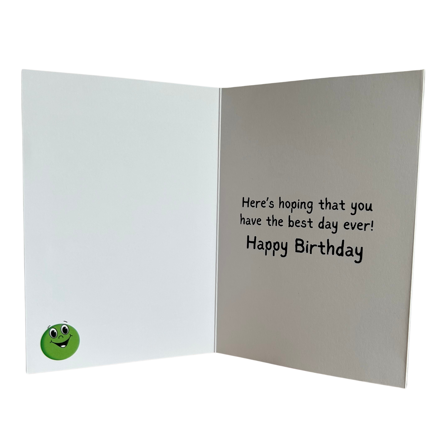 Image shows the insert pages for the Bare Cards Humour Range 'Giggle Balls'. The left hand insert page shows a green bouncy ball with cartoon smiling face. The right hand insert page contains the caption 'Here's hoping that you have the best day ever! Happy Birthday!'