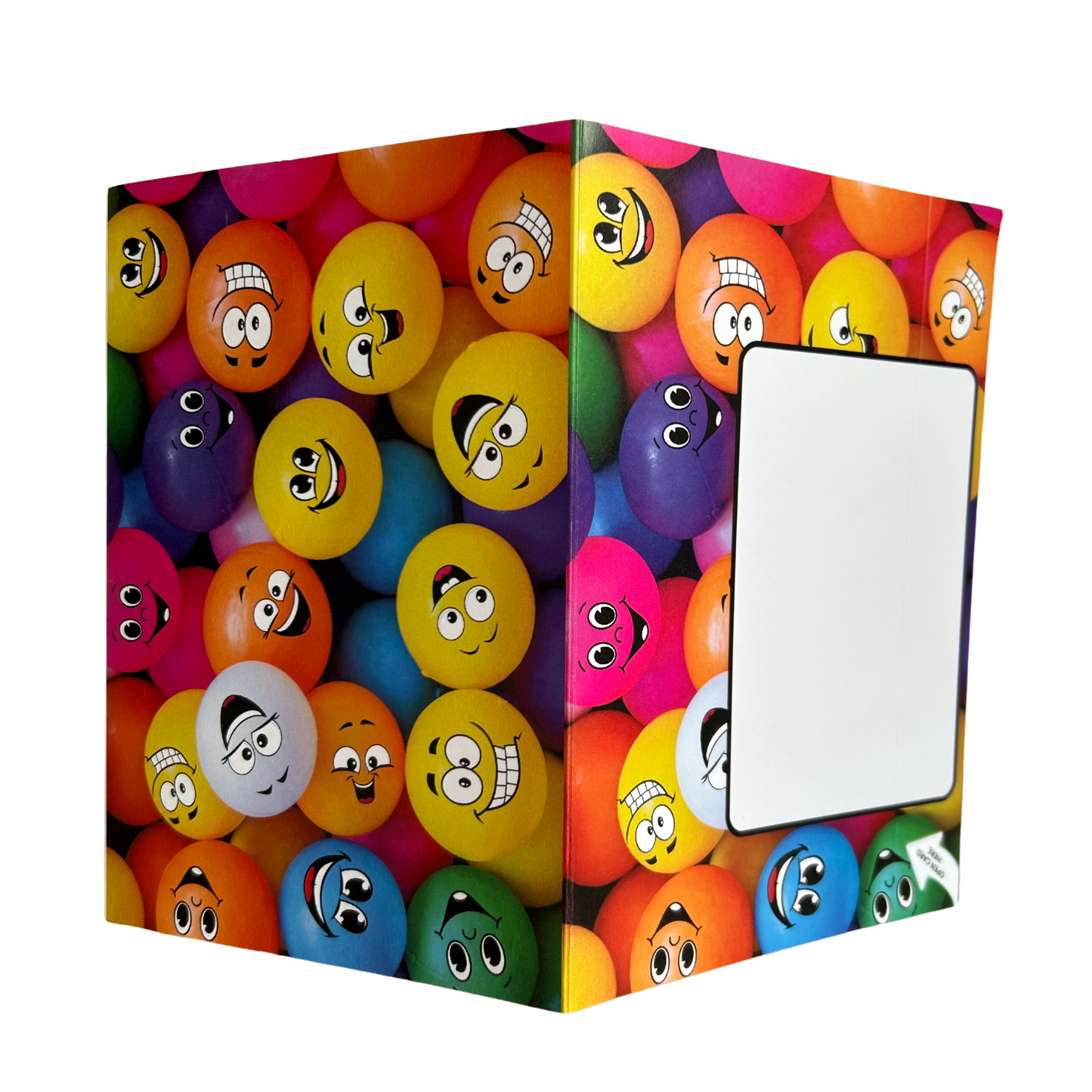 Bare Cards Giggle Balls Collection Posting covers showing both the front and back posting pages covered with multi-coloured plastic balls with cartoon faces. Front posting cover has white rectangle for writing address and an arrow in the left corner showing where to open the birthday card, with the words 'open card here'.