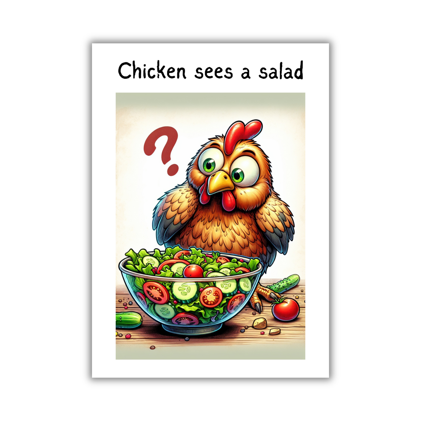 Image show the front of the Bare Cards Giggle Balls Humour Range 'Chicken Sees a Salad'. The illustration shows a startled cartoon chicken looking at a bowl of salad with a question mark hanging in the air and the caption 'Chicken sees a salad'.