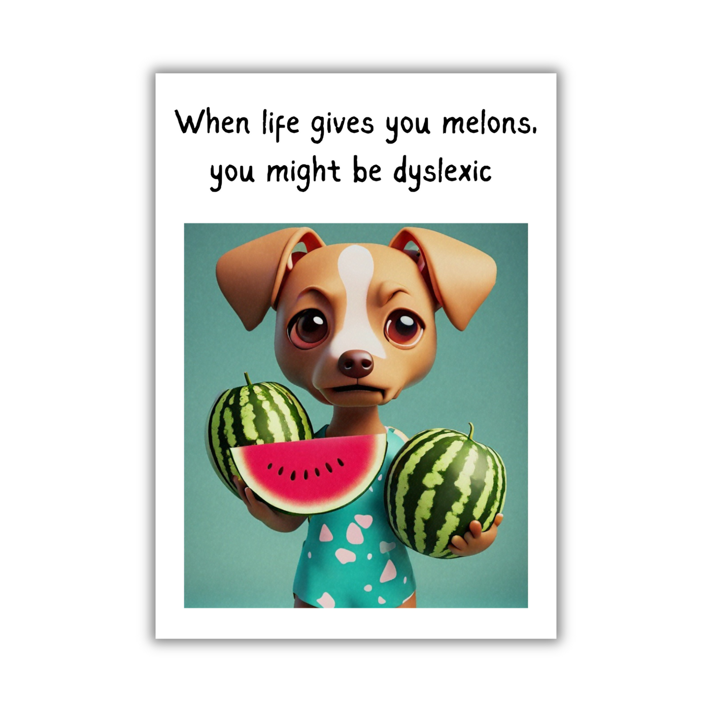 Image shows the front of the Bare Cards Giggle Balls Humour Range 'When Life Gives you Melons'. The illustration shows a cute cartoon dog holding 3 melons and the caption reads 'When life gives you melons, you might be dyslexic'