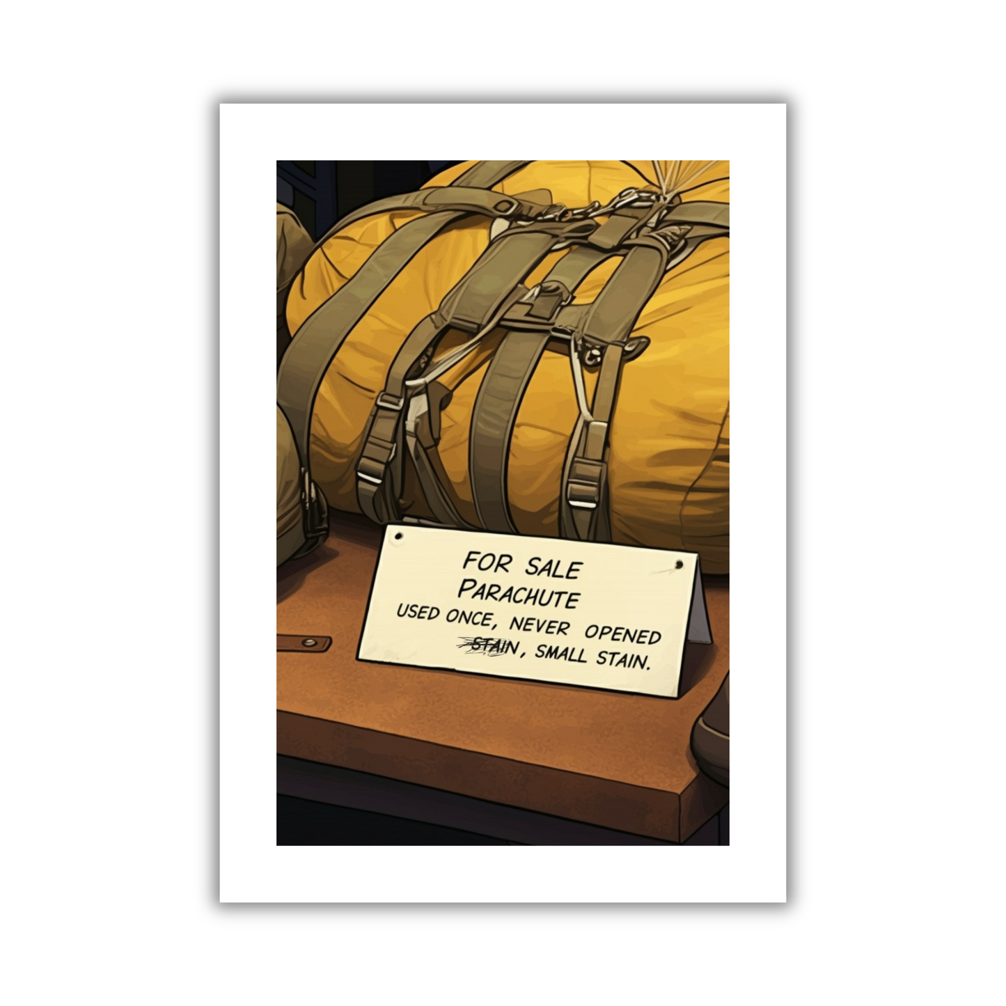 Image show the front of the Bare Cards Giggle Balls Humour Range 'Parachute For Sale'. The illustration shows a packed up yellow parachute in front of a for sale sign which reads 'FOR SALE PARACHUTE, USED ONCE, NEVER OPENED, STAIN, SMALL STAIN' The first word stain is scribbled out.