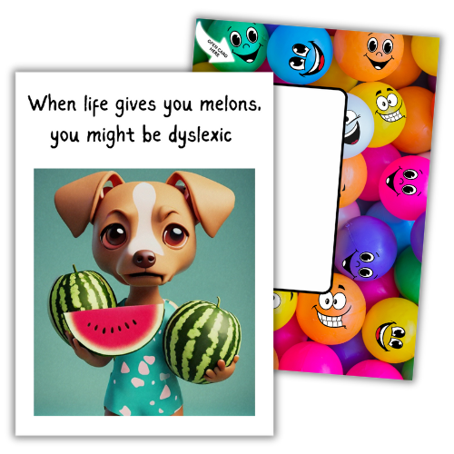 Image show the front of the Bare Cards Giggle Balls Humour Range 'When Life Gives you Melons'. The illustration shows a cute cartoon dog holding 3 melons and the caption reads 'When life gives you melons, you might be dyslexic'
Behind this is the image of the vibrantly coloured Giggle Balls posting page with multioloured plastic balls on it.