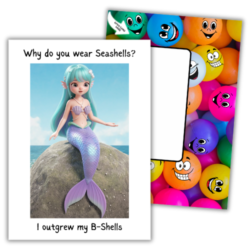 Image show the front of the Bare Cards Giggle Balls Humour Range 'Mermaid Birthday card'. The illustration shows a pretty cartoon mermaid with pastel blue hair and a lilac tail. She has lilac seashells covering her upper body for modesty. The top caption reads 'Why do you wear Seashells?'. The bottom caption reads 'I outgrew my B-Shells'
Behind this is the image of the vibrantly coloured Giggle Balls posting page with multioloured plastic balls on it.