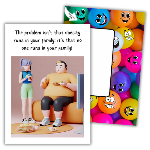Image show the front of the Bare Cards Giggle Balls Humour Range 'Obesity Joke' Birthday Card.
The card shows the image of a larger man sitting on the couch watching TV eating junk food and a slimmer female drinking coffee stood up next to him in gym wear. The caption reads "The problem isn't that obesity runs in your family: it's that no one runs in your family!"
Behind this is the image of the vibrantly coloured Giggle Balls posting page with multioloured plastic balls on it.