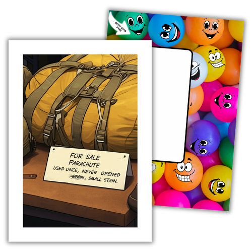 Image show the front of the Bare Cards Giggle Balls Humour Range 'Parachute For Sale'. The illustration shows a packed up yellow parachute in front of a for sale sign which reads 'FOR SALE PARACHUTE, USED ONCE, NEVER OPENED, STAIN, SMALL STAIN' The first word stain is scribbled out.
Behind this is the image of the vibrantly coloured Giggle Balls posting page with multioloured plastic balls on it.