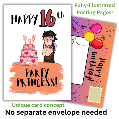 The image shows the front of the Bare Cards 16th Birthday card perfect for the 'goth girl'. Picture on card shows a gothic girl in black holding her hands in front of her face in horror at her inappropriate pink tiered birthday cake, which is covered in hearts, white ribbon and candles. The Caption reads "Happy 16th. Party Princess!"
Behind the card is an image of the posting page, which is orange and purple, covered in confetti and features three balloons, an address box and a place to put the stamp.