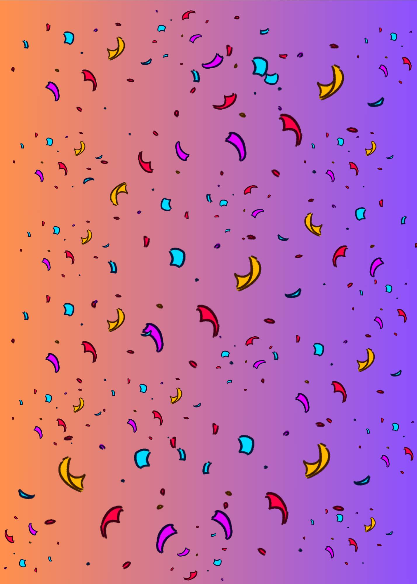 Image shows the back of the Goth Girl Posting Cover. It shows multi-coloured confetti on a background which fades from purple to orange.