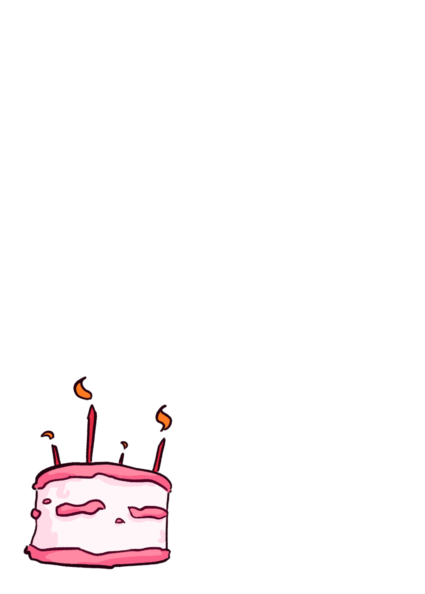 The image shows the left hand inside page of the Bare Cards Goth Girl Birthday Cards. It is a white 7.5x5 inch card with a pink birthday cake in the bottom left corner which has four lit birthday candles on it.