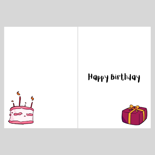 The images shows a graphic representation of the Bare Cards Goth Girl Birthday Range inside of card. The left hand page shows a pink birthday cake with four lit candles and the right hand page shows the caption' Happy Birthday' with a maroon present tied with a gold bow.