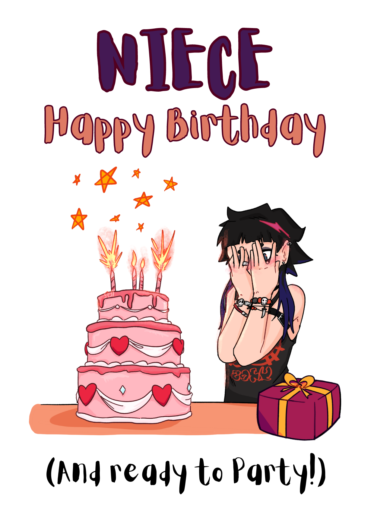 The image shows the front of the Bare Cards Niece Birthday card perfect for the 'goth girl'. Picture on card shows a gothic girl in black holding her hands in front of her face in horror at her inappropriate pink tiered birthday cake, which is covered in hearts, white ribbon and candles. The Caption reads "Niece Happy Birthday. (And ready to party!)"