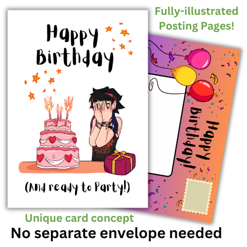 The image shows the front of the Bare Cards Birthday card perfect for the 'goth girl'. Picture on card shows a gothic girl in black holding her hands in front of her face in horror at her inappropriate pink tiered birthday cake, which is covered in hearts, white ribbon and candles. The Caption reads "Happy Birthday. (And ready to Party!)"
Behind the card is an image of the posting page, which is orange and purple, covered in confetti and features three balloons, an address box and a place to put the stamp.