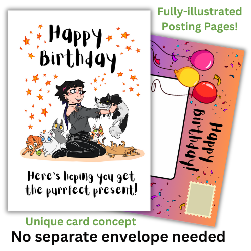 The image shows the front of the Bare Cards Open Birthday card perfect for the goth girl. Picture on card shows a gothic girl in black and grey holding up a grumpy black and white cat that she has chosen over all the other happy and playful kittys. The Caption reads "Happy Birthday. Here's hoping you get the purrfect present!"
Behind the card is an image of the posting page, which is orange and purple, covered in confetti and features three balloons, an address box and a place to put the stamp.
