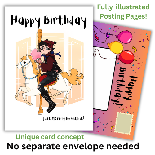 The image shows the front of the Bare Cards Open Birthday card perfect for the goth girl. Picture on card shows a gothic girl in black and burgandy on a merry-go-round holding candy floss and looking very grumpy. The Caption reads "Happy Birthday. Just Merrily Go with it!"
Behind the card is an image of the posting page, which is orange and purple, covered in confetti and features three balloons, an address box and a place to put the stamp.