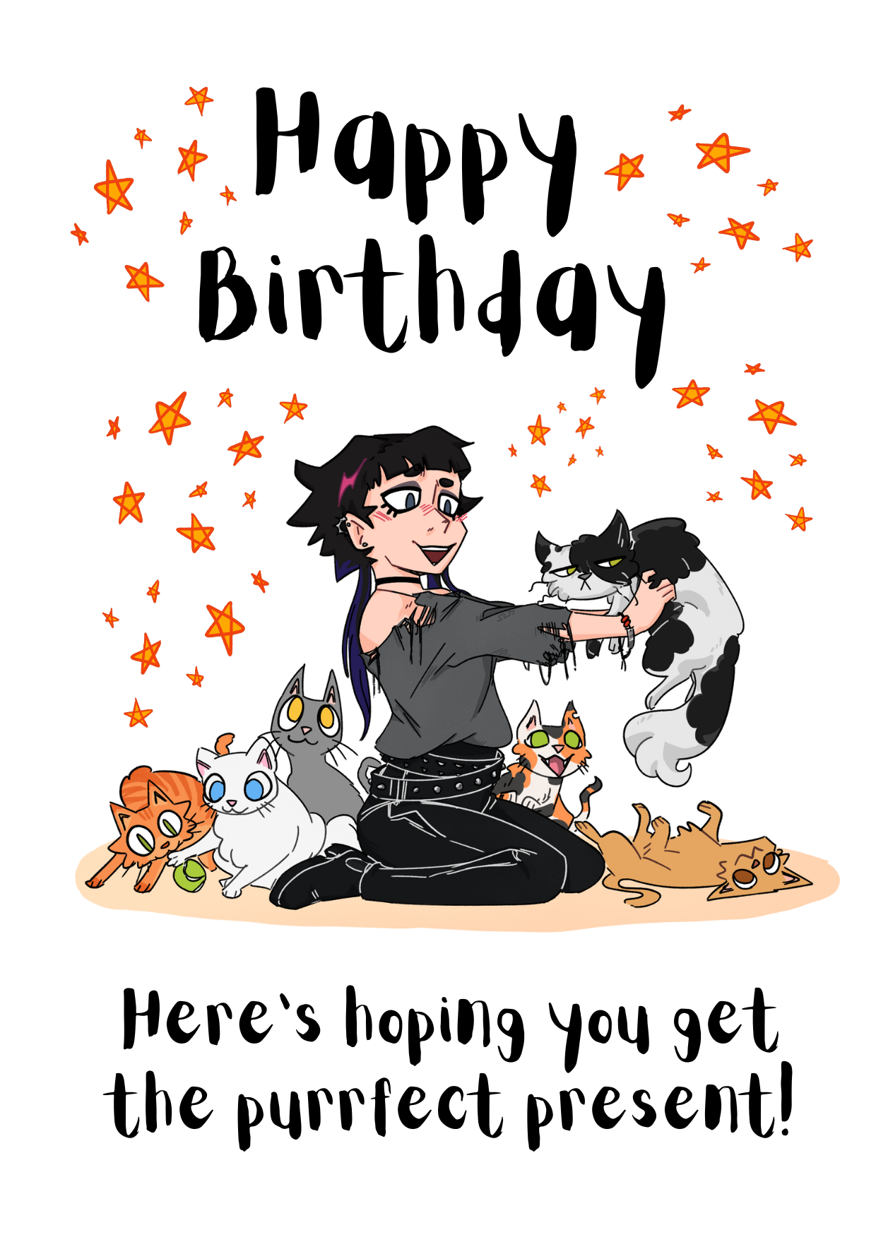 The image shows the front of the Bare Cards Open Birthday card perfect for the goth girl. Picture on card shows a gothic girl in black and grey holding up a grumpy black and white cat that she has chosen over all the other happy and playful kittys. The Caption reads "Happy Birthday. Here's hoping you get the purrfect present!"