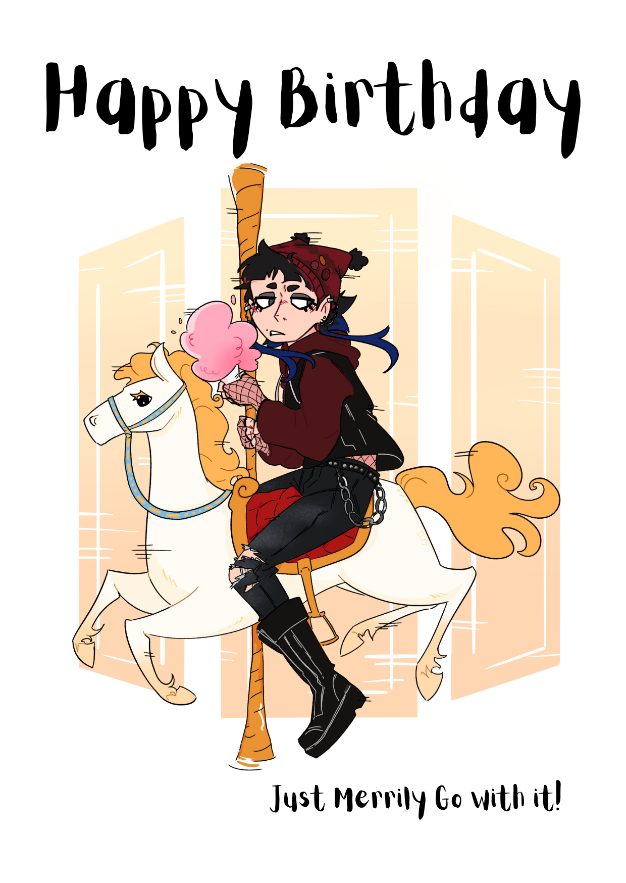 The image shows the front of the Bare Cards Open Birthday card perfect for the goth girl. Picture on card shows a gothic girl in black and burgandy on a merry-go-round holding candy floss and looking very grumpy. The Caption reads "Happy Birthday. Just Merrily Go with it!"