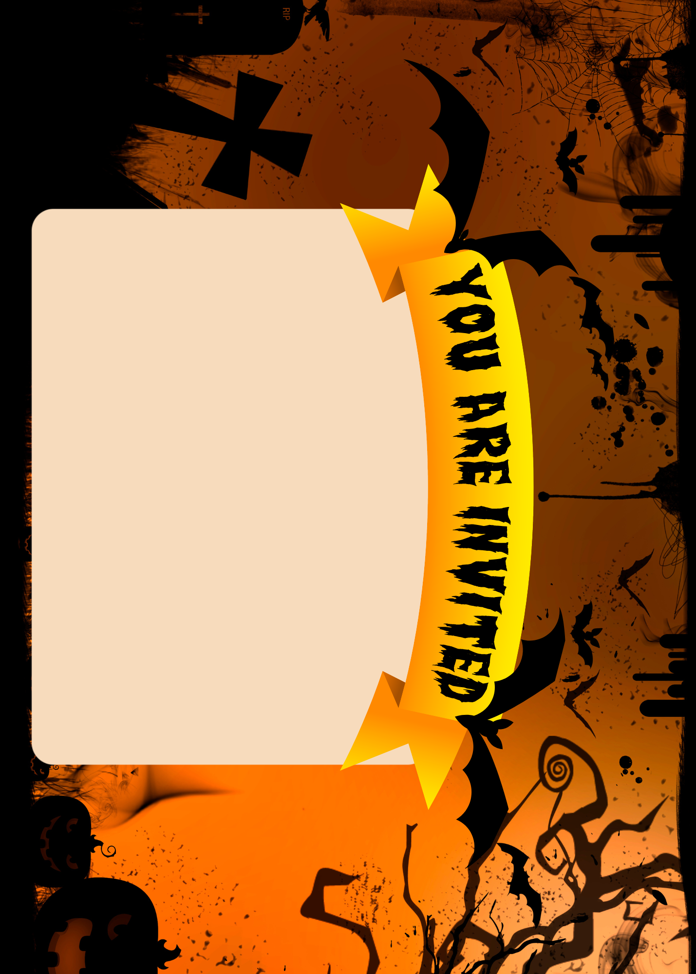 Front of Posting Page for Halloween Party invite saying 'You are invited' with spooky orange and black graveyard scene