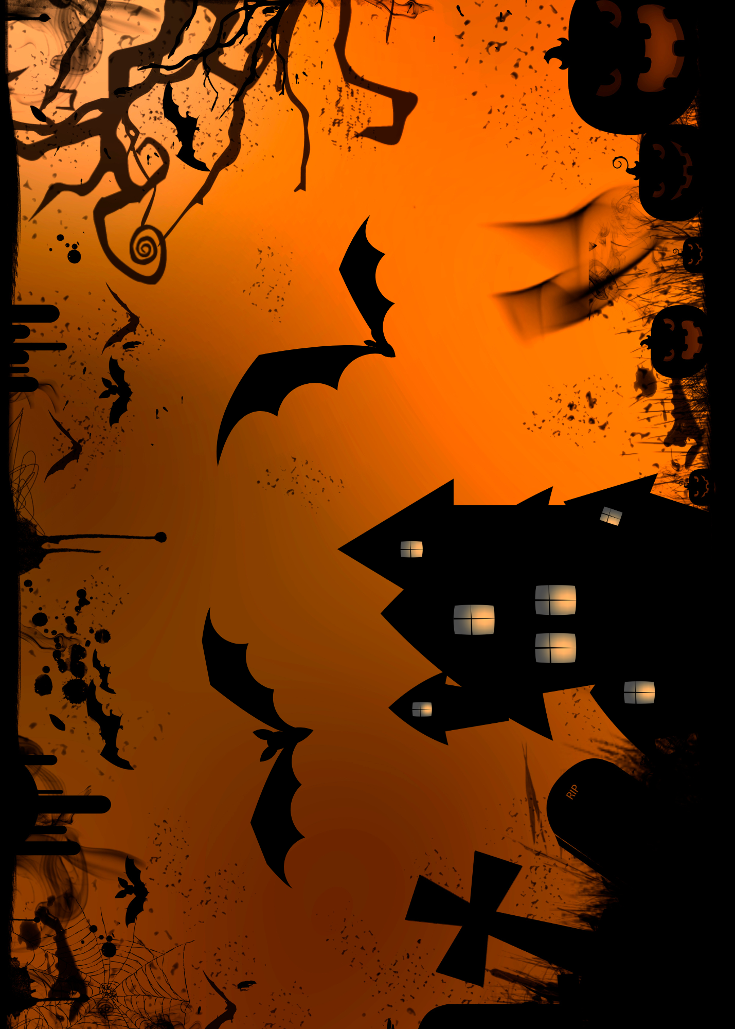 Halloween back of envelope featuring orange background and silhouette of haunted house, trees and bats