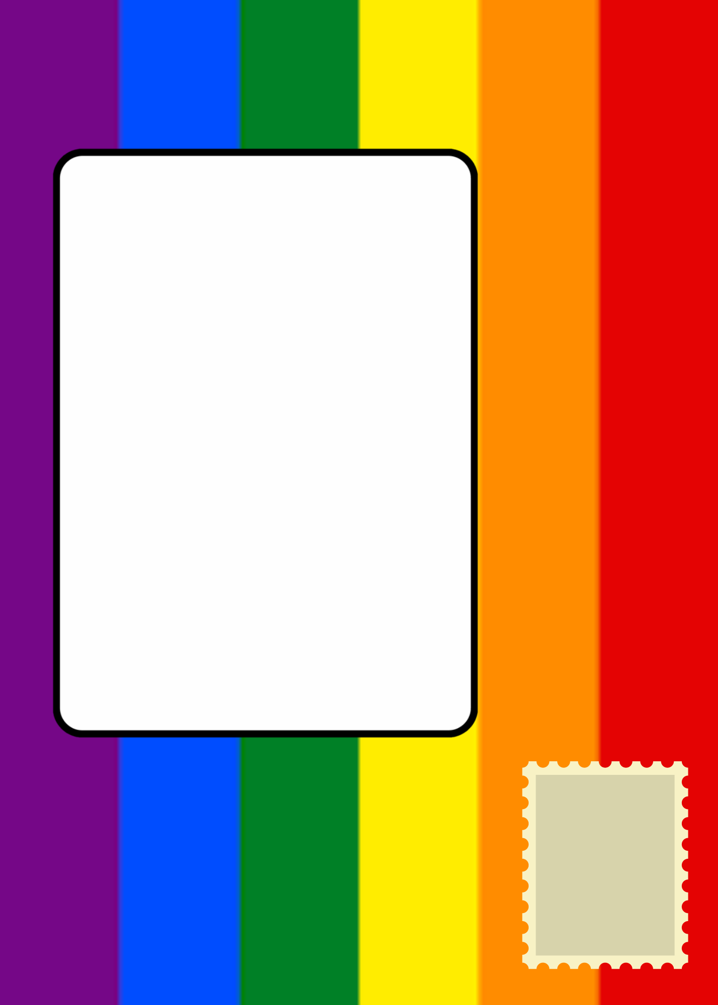 Rainbow front of self-seal envelope - Colorful striped pattern with a white square and beige stamp-like shape on a red background