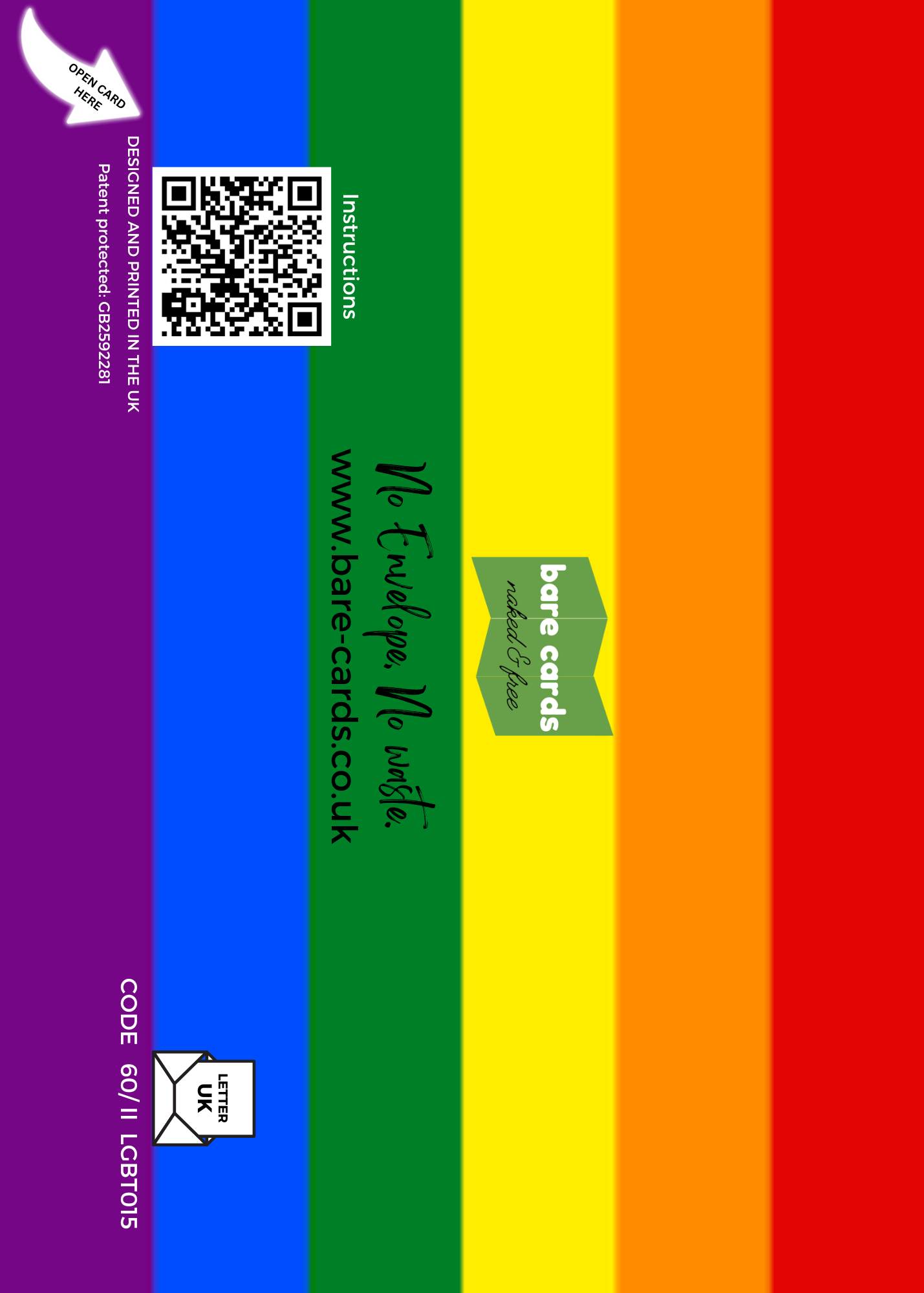 Back of Bare Cards self-sealing LGBTQIA+ Colorful card with QR code and text on a rainbow background