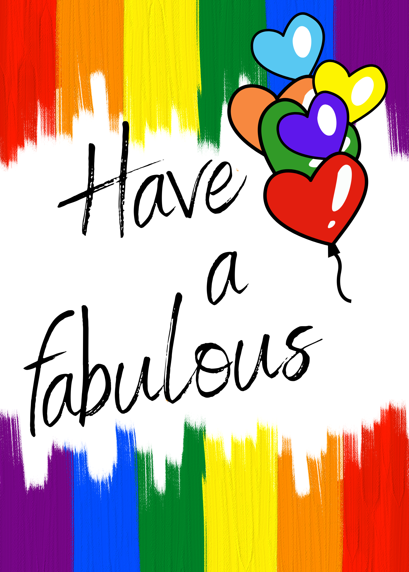 Second page of self-seal trifold LGBT birthday card featuring 'Have a fabulous' text with colorful hearts and rainbow stripes on a white background