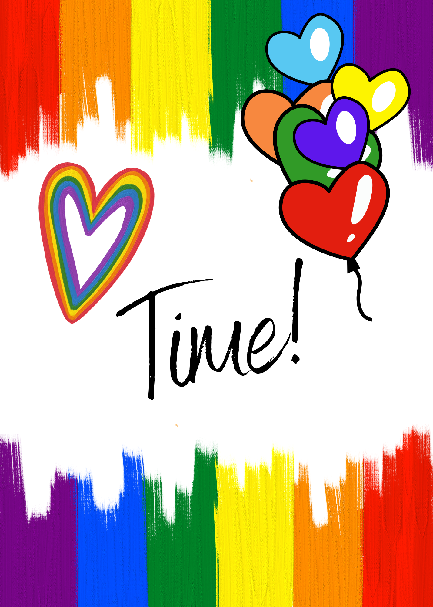 third page of self-seal trifold LGBT birthday card featuring 'Time!' text with colorful hearts and rainbow stripes on a white background
