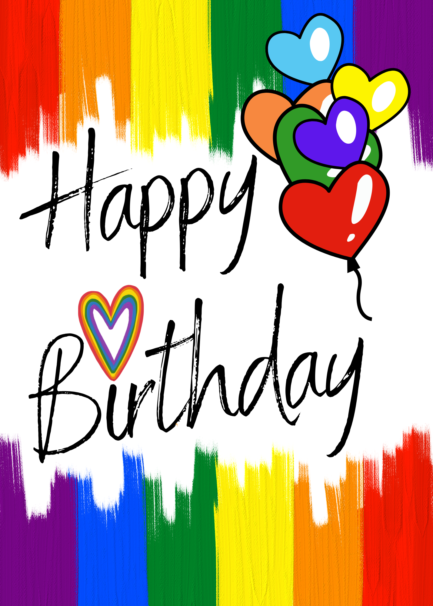 First page of self-seal trifold LGBT birthday card featuring Happy Birthday text with colorful hearts and rainbow stripes on a white background