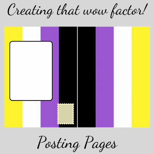 Image shows the Bare Cards posting pages for the non-binary card range. Featuring the non-binary flag, black,white. yellow and purple stripes, the image also shows the address label space and the stamp space. Caption reads 'Creating that Wow factor! Posting Pages