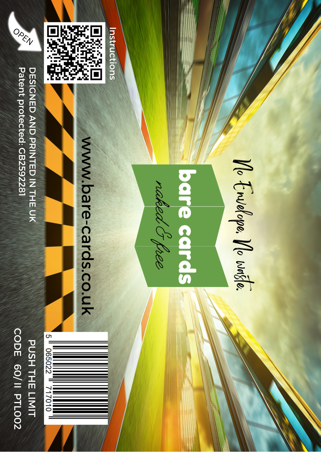 Image shows the front posting cover for the Bare Cards Push the Limit Tri-fold Race Track Birthday Cards showing a full colour image of a Grand Prix Race Track showing the stadium and finish line.
The Bare Cards logo is in the centre. There is also a QR Code to scan for instructions and a barcode for retail.
The Bare Cards Patent Number and SKU for the card is also displayed.