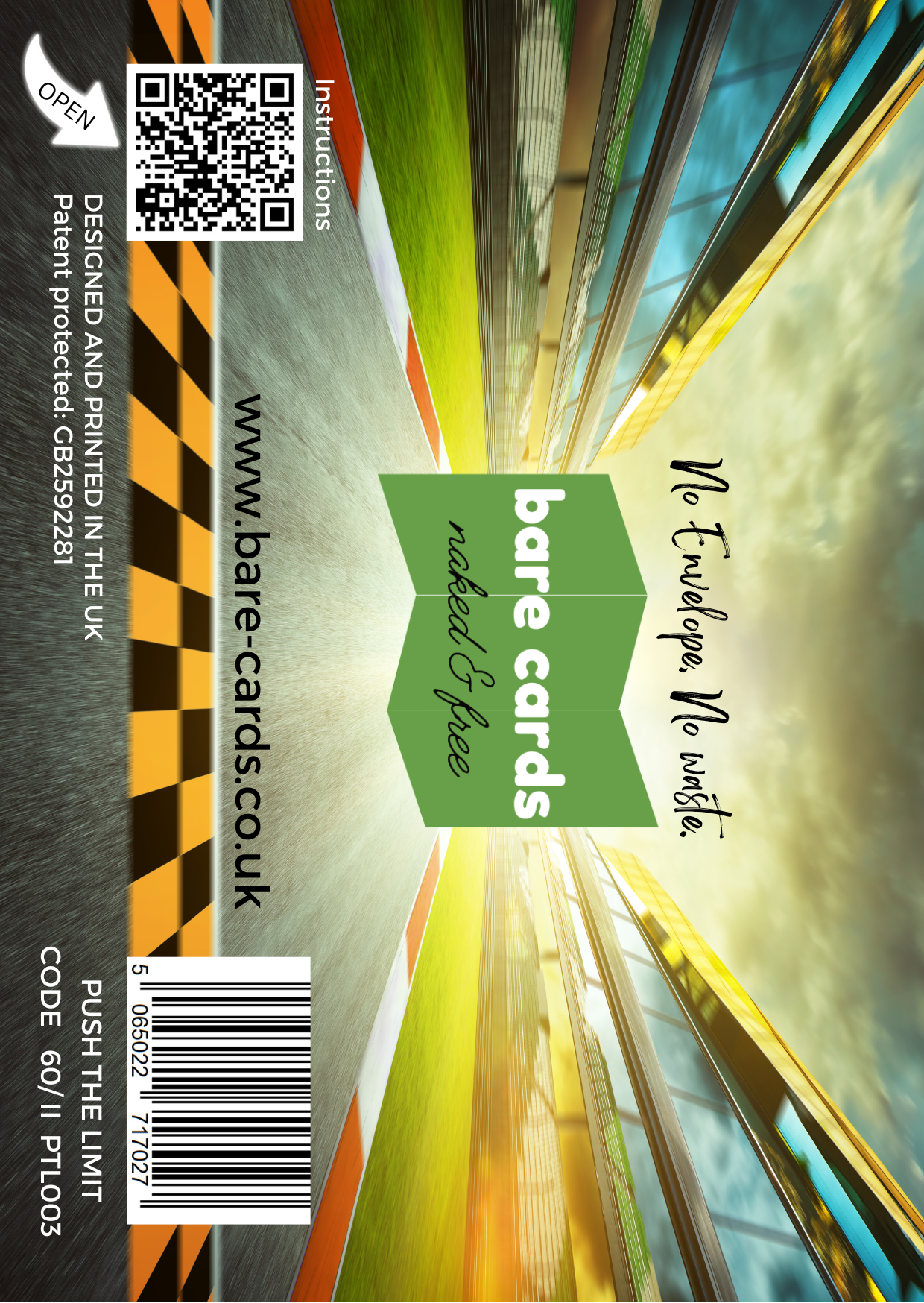 Image shows the front posting cover for the Bare Cards Push the Limit Tri-fold Race Track Birthday Cards showing a full colour image of a Grand Prix Race Track showing the stadium and finish line.
The Bare Cards logo is in the centre. There is also a QR Code to scan for instructions and a barcode for retail.
The Bare Cards Patent Number and SKU for the card is also displayed.