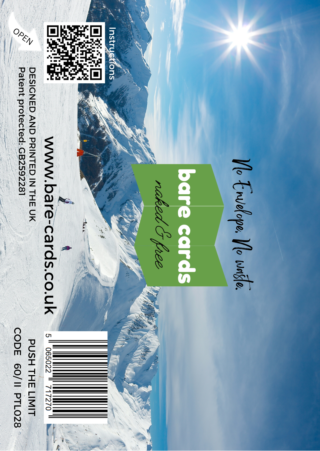 Image shows the front posting cover for the Bare Cards Push the Limit Tri-fold Winter Sports Birthday Cards showing a full colour image of a mountainous ski scene.
The Bare Cards logo is in the centre. There is also a QR Code to scan for instructions and a barcode for retail.
The Bare Cards Patent Number and SKU for the card is also displayed.