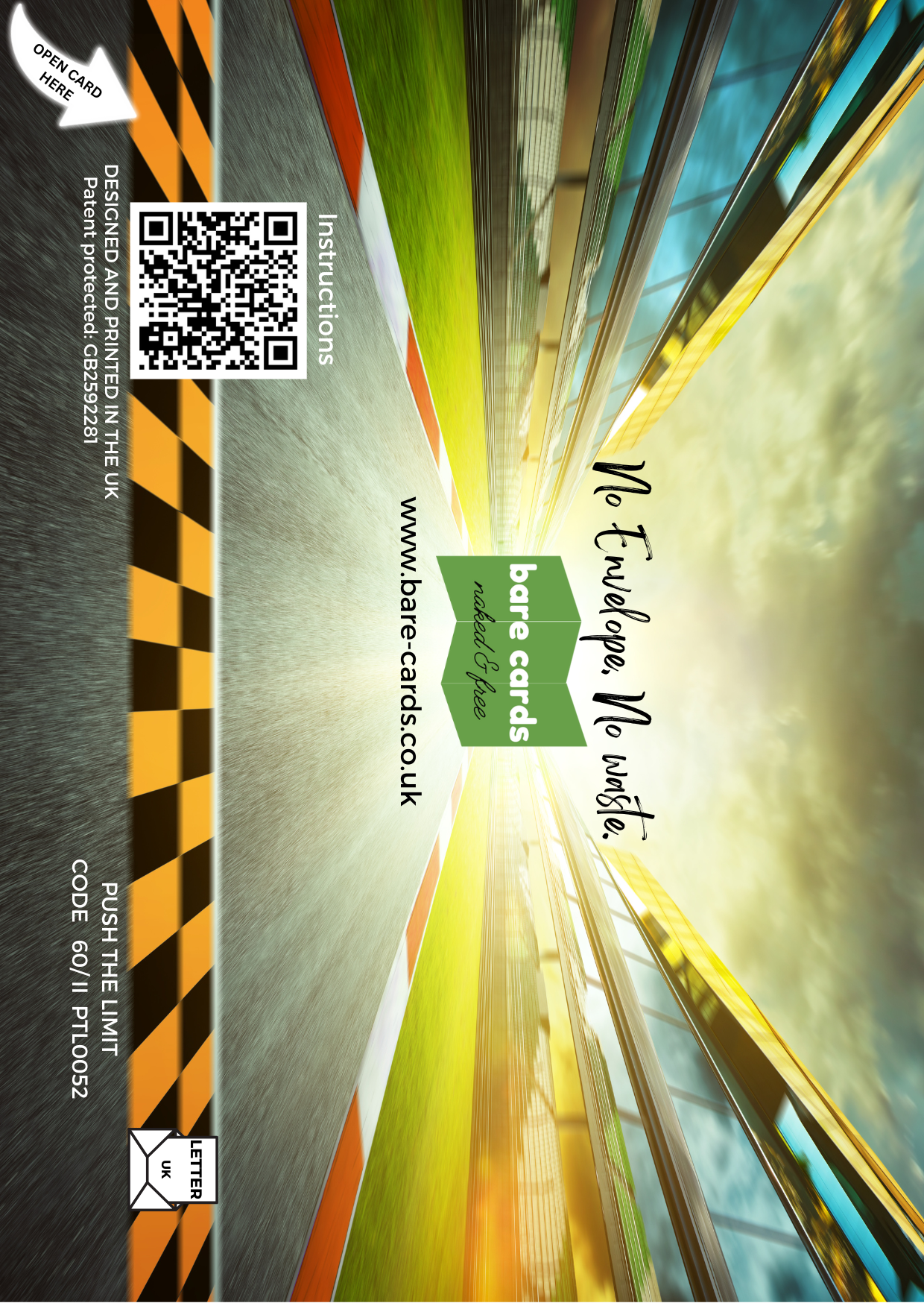 Colorful self-seal back of envelope for Rally Car Push the Limit birthday card for grandson PTL052 with a QR code and branding on a black background