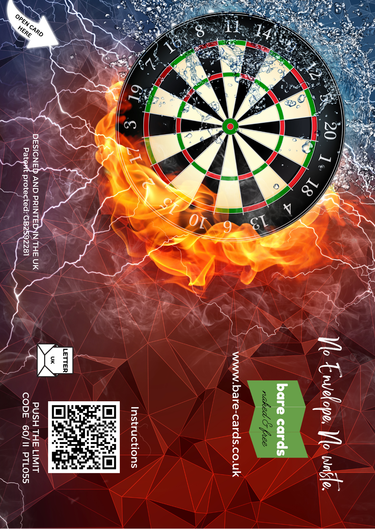 Self-seal back of envelope for Darts "Push the Limit" birthday card for Son PTL055 featuring Dartboard with flames and geometric background, QR code and Bare Cards branding.