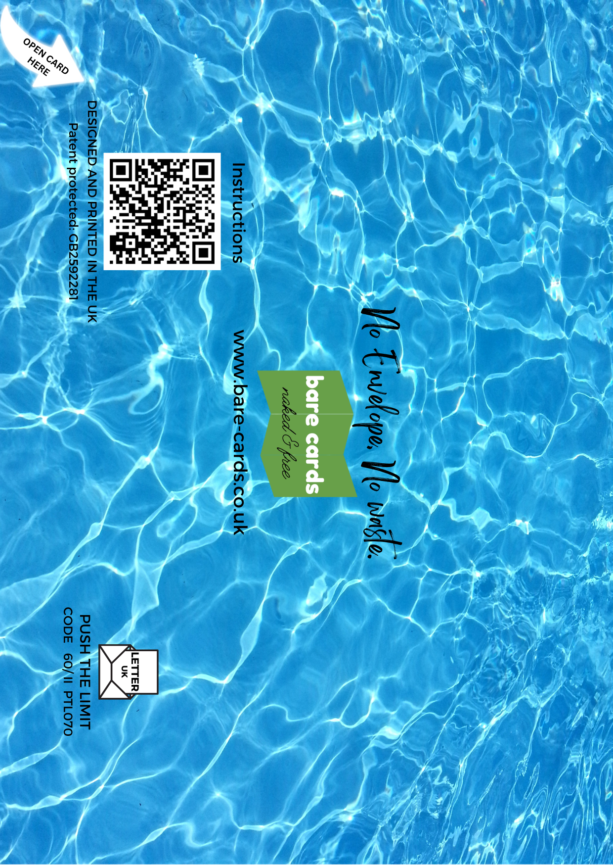 Colourful swimming pool design, self-seal back of envelope for Female Swimming "Push the Limit" birthday card for granddaughter PTL070 with a QR code and branding on a black background