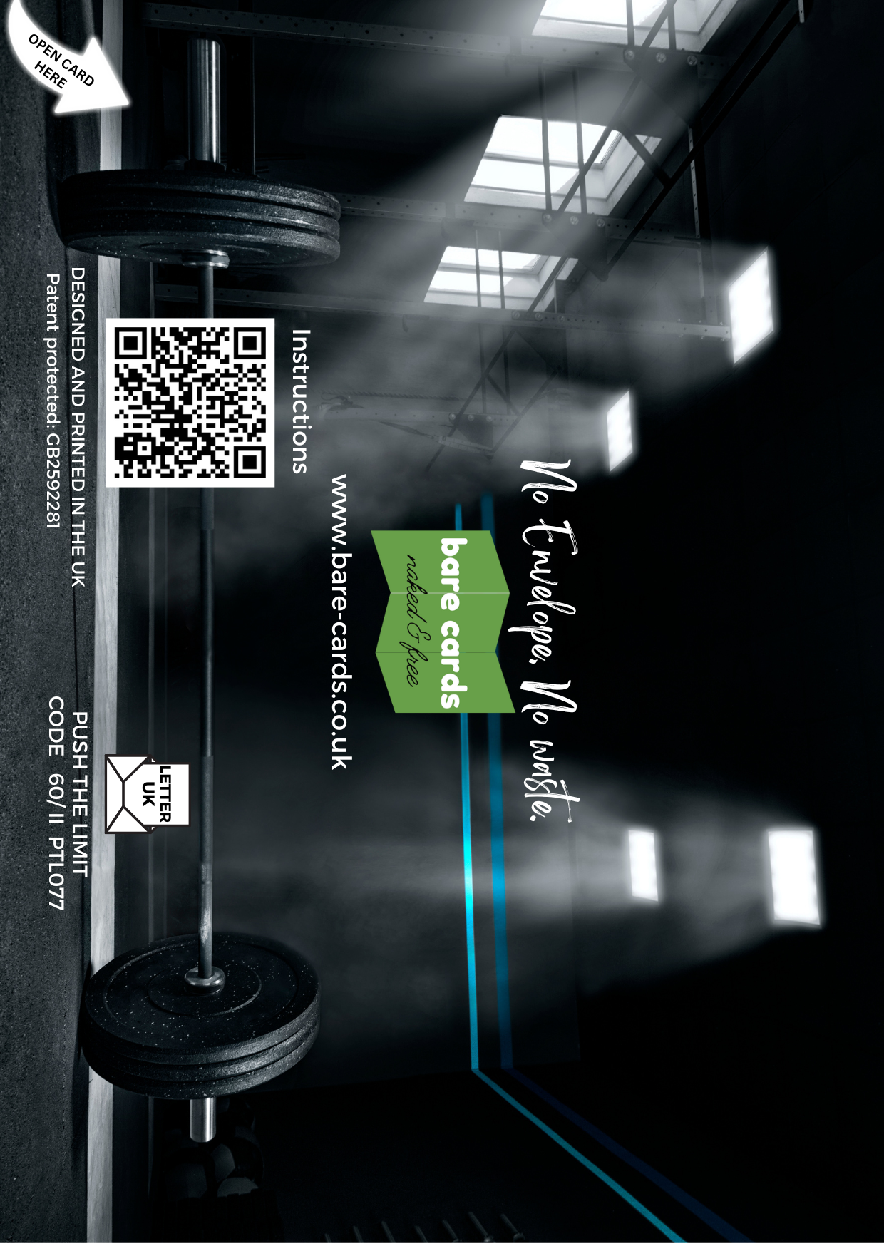 Self-seal back of envelope for Female Gym "Push the Limit" birthday card for Daughter-in-Law PTL077 featuring a Barbell on a Gym background, QR code and Bare Cards branding.