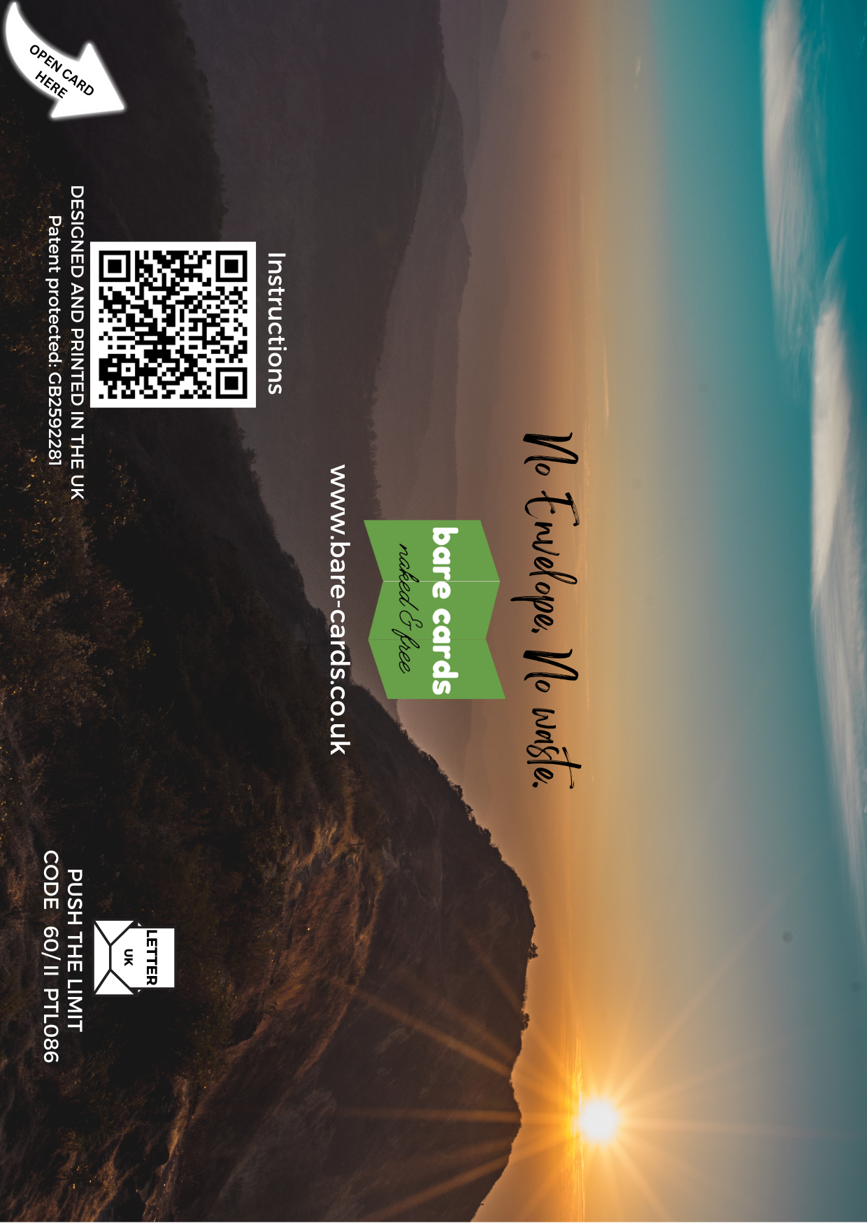 Self-seal back of envelope for Male Support Card PTL086 featuring a stunning mountain sunset scene background, QR code and Bare Cards branding.