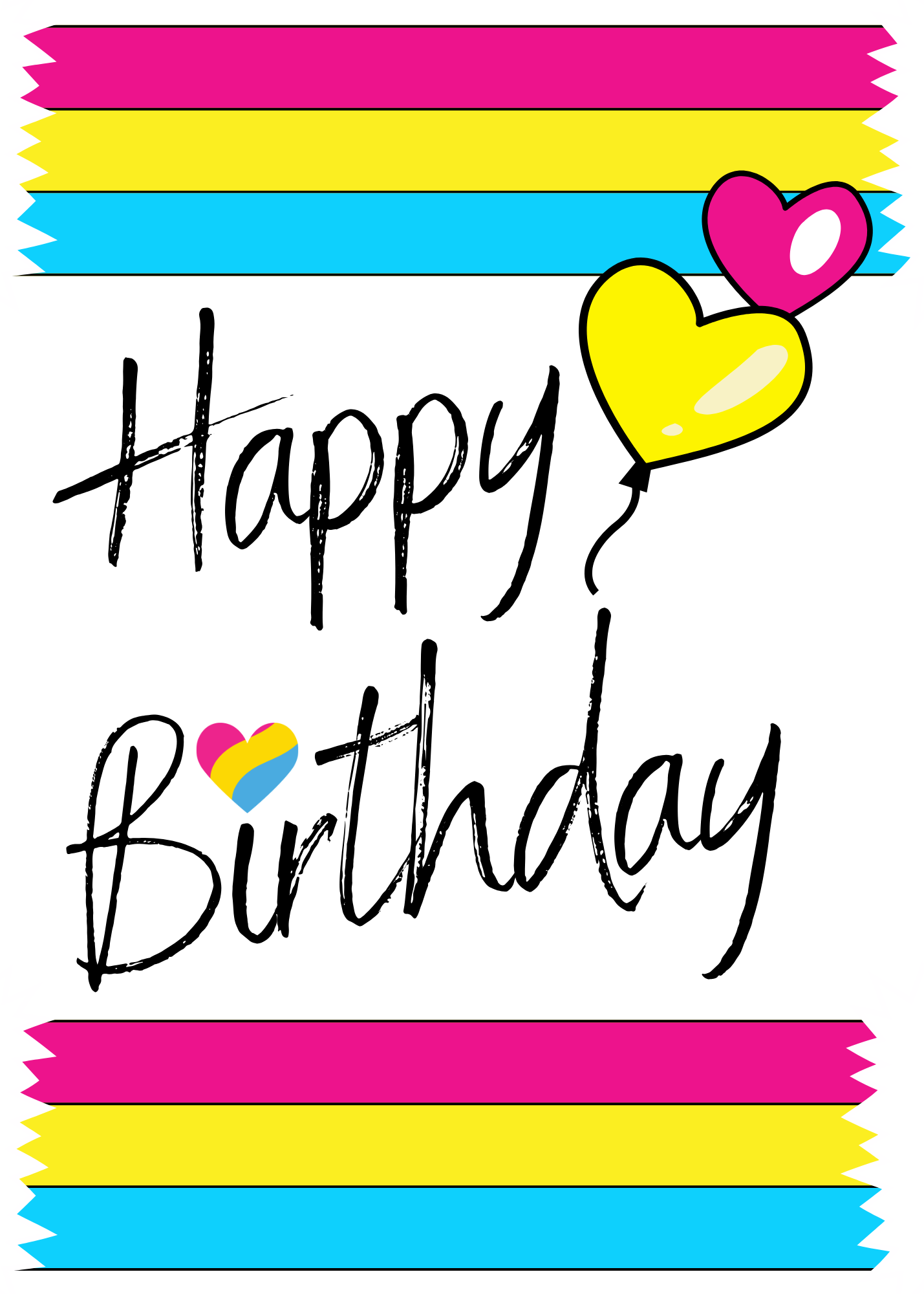 Happy Birthday text with colorful ribbons and balloons in pansexual colours on a white background