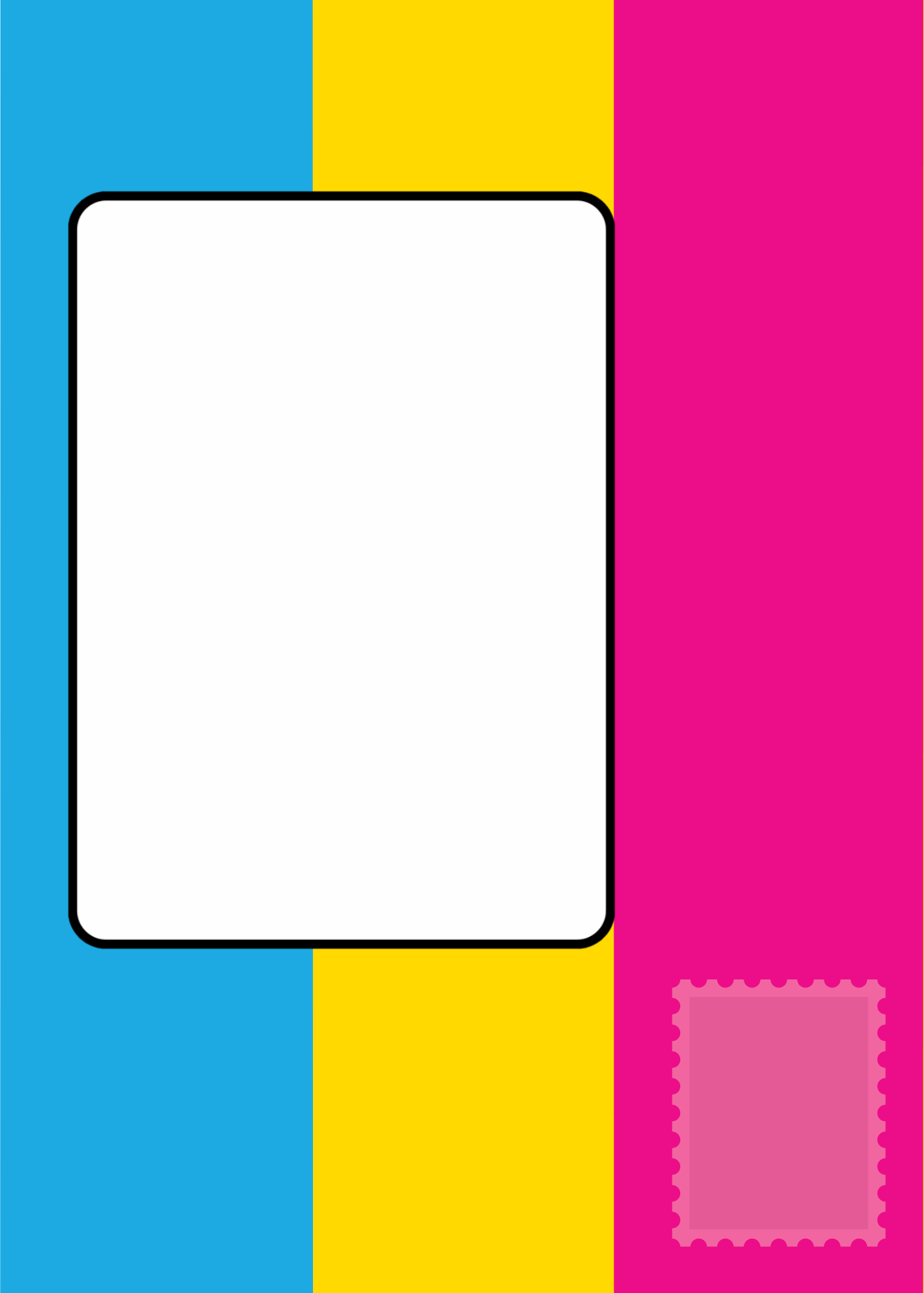 Pansexual flag with a white square for writing address and pink square for stamp on a blue, yellow, and pink striped pattern.