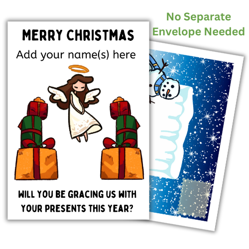 A self-sealing personalized Christmas card with a cartoon-style illustration, featuring an angel with a Christmas tree, gifts, and text puns related to the holiday.