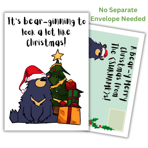 A self-sealing colorful Christmas card featuring a cartoon bear with a Christmas tree in the background featuring built in personalised envelope panels