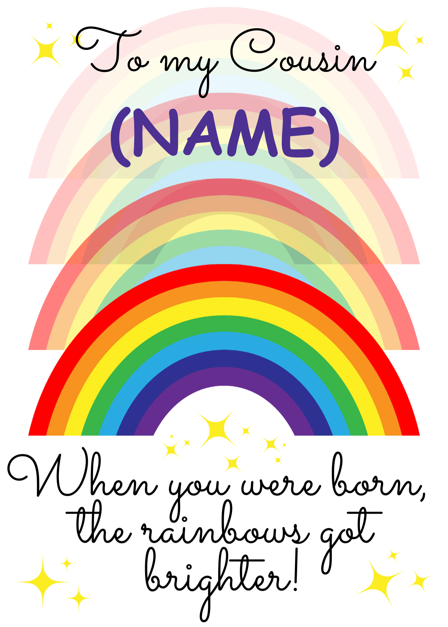 A personalised and colorful birthday card for Cousin featuring rainbows and the text 'When you were born, the rainbows got brighter!'