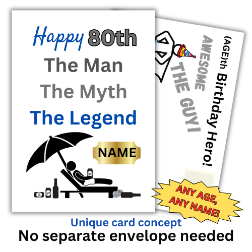 The image shows the front of the Bare Cards Birthday Card for 'The Man, The Myth, The Legend' Poolside Personalised Range. Picture shows silhouette of a man relaxing on a pool lounger under an umbrella surrounded by bottles and cans of alcohol. Caption reads "Happy 80th The Man The Myth The Legend" with a gold plaque for the personalised name.
Behind the card is the posting page with caption (AGE)th Birthday Hero. Awesome. The Guy. An outline of a superheo with clown hat is just visible.