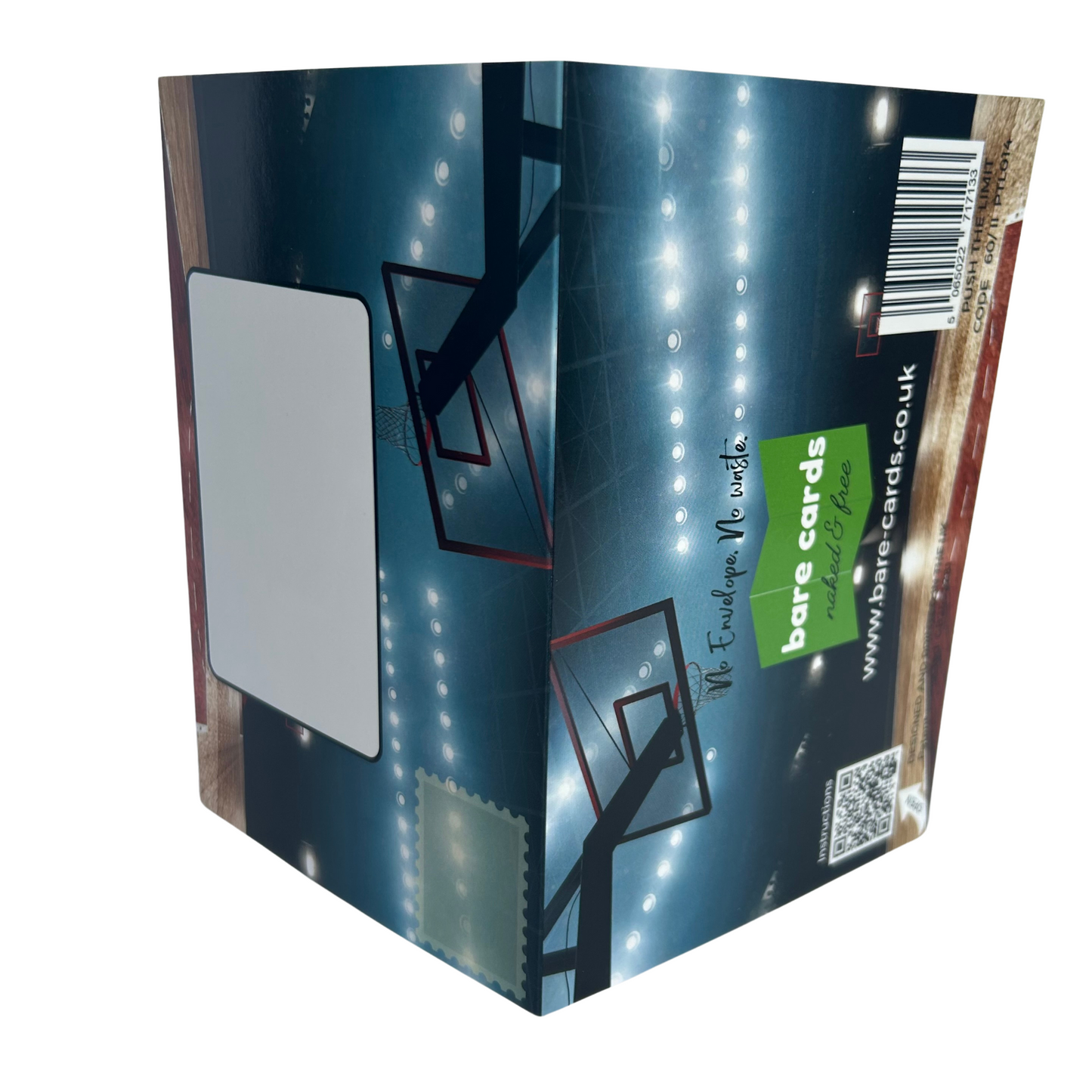 Trifold Basketball Birthday Card from the Push the Limit Range. Image shows the two posting covers. The front posting cover to the left shows an image of a basketball court and has place to write the name and address of the recipient and an image to show where to put a stamp if needed. The back posting cover also shows the same image and has the Bare Cards logo and tagline 'Naked and Free'. It also contains the barcode, website address, QR code for instructions, Patent Number and Retail Codes