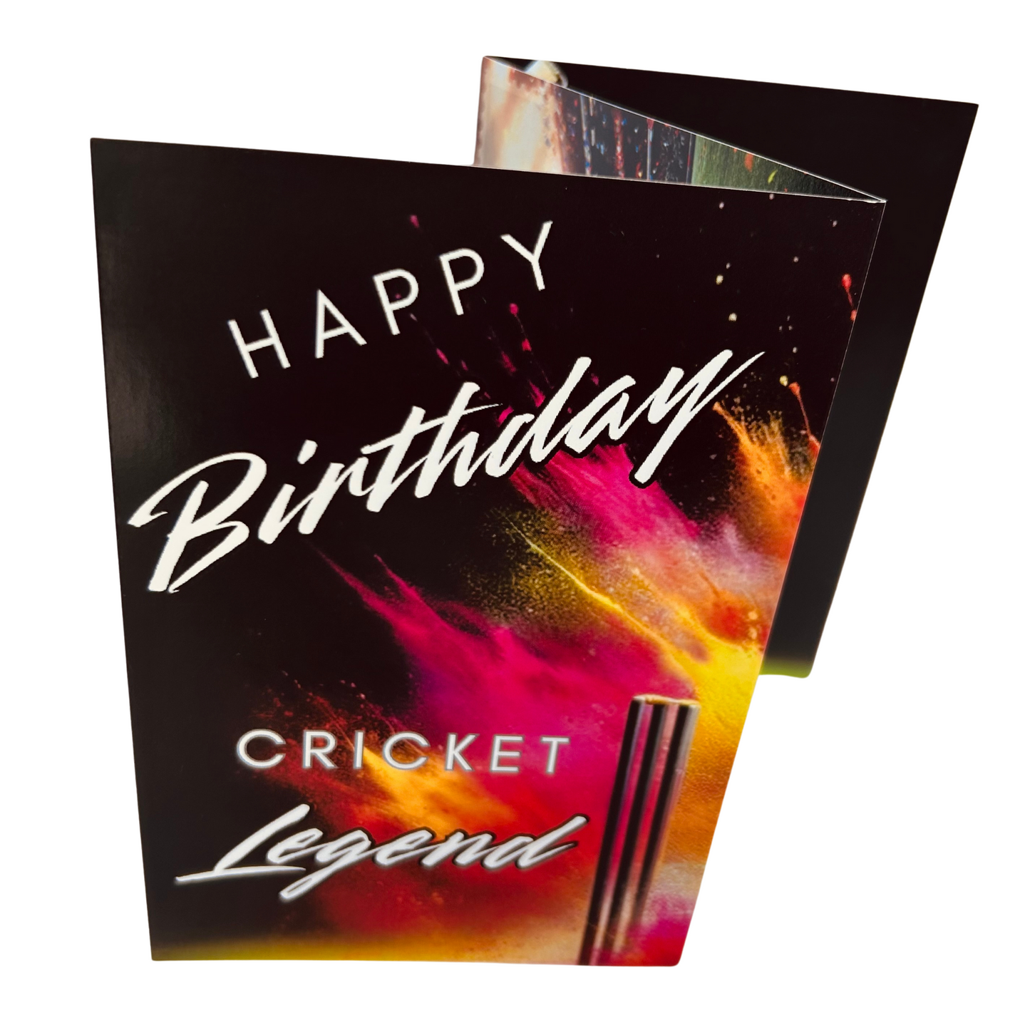 Trifold Cricket Birthday Card from the Push the Limit Range. Image shows the folded card depicting front with cricket stumps to the bottom left and a background of black and colouful paint splatters emerging from behind them. The caption reads 'Happy Birthday'.