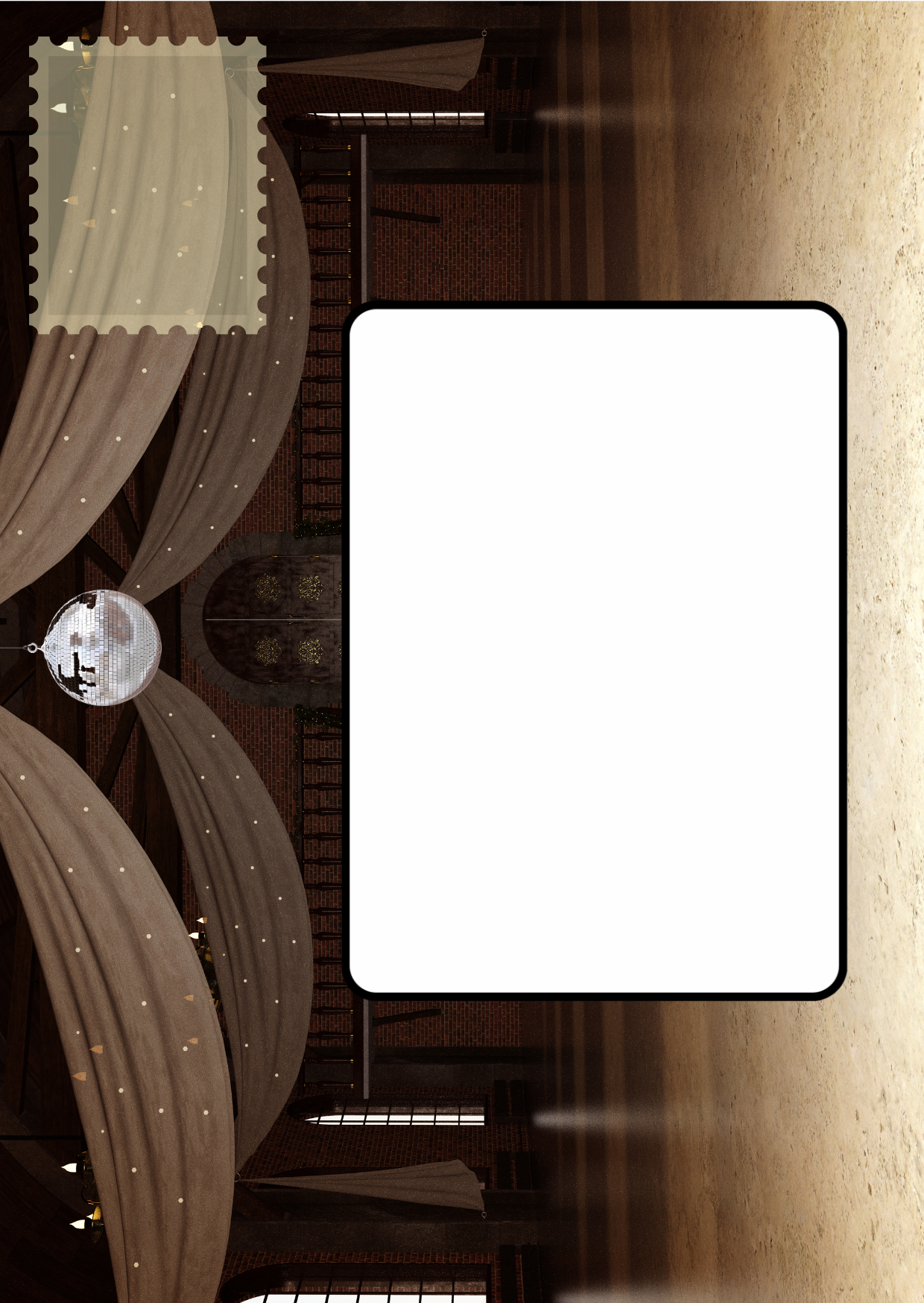 Image shows the front posting cover for the Bare Cards Push the Limit Tri-fold Dancing Birthday Cards. There is a clear white rectangle for the purchaser to write the name or address of the recipient and an image to affix the stamp to. This is on a full colour image of a ballroom.