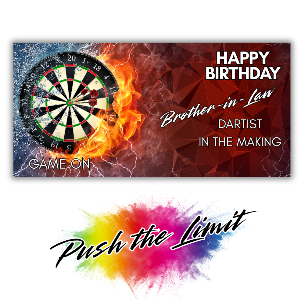 Birthday card for a brother-in-law with a dartboard and flames design, featuring text and a colorful splash. Trifold Darts birthday card; no envelope needed, eco-friendly design. Image also shows Bare Cards "Push the Limit" Logo.