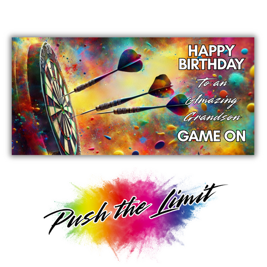 Trifold Darts birthday card for Grandson featuring darts heading towards a dartboard with rainbow splashes on a vibrant background; no envelope needed, eco-friendly design. Image also shows Bare Cards "Push the Limit" Logo.
