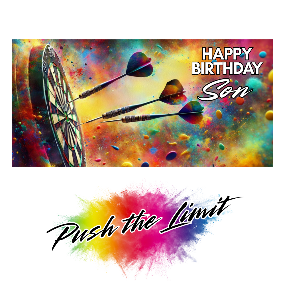 Trifold Darts birthday card for Son featuring darts heading towards a dartboard with rainbow splashes on a vibrant background; no envelope needed, eco-friendly design. Image also shows Bare Cards "Push the Limit" Logo.