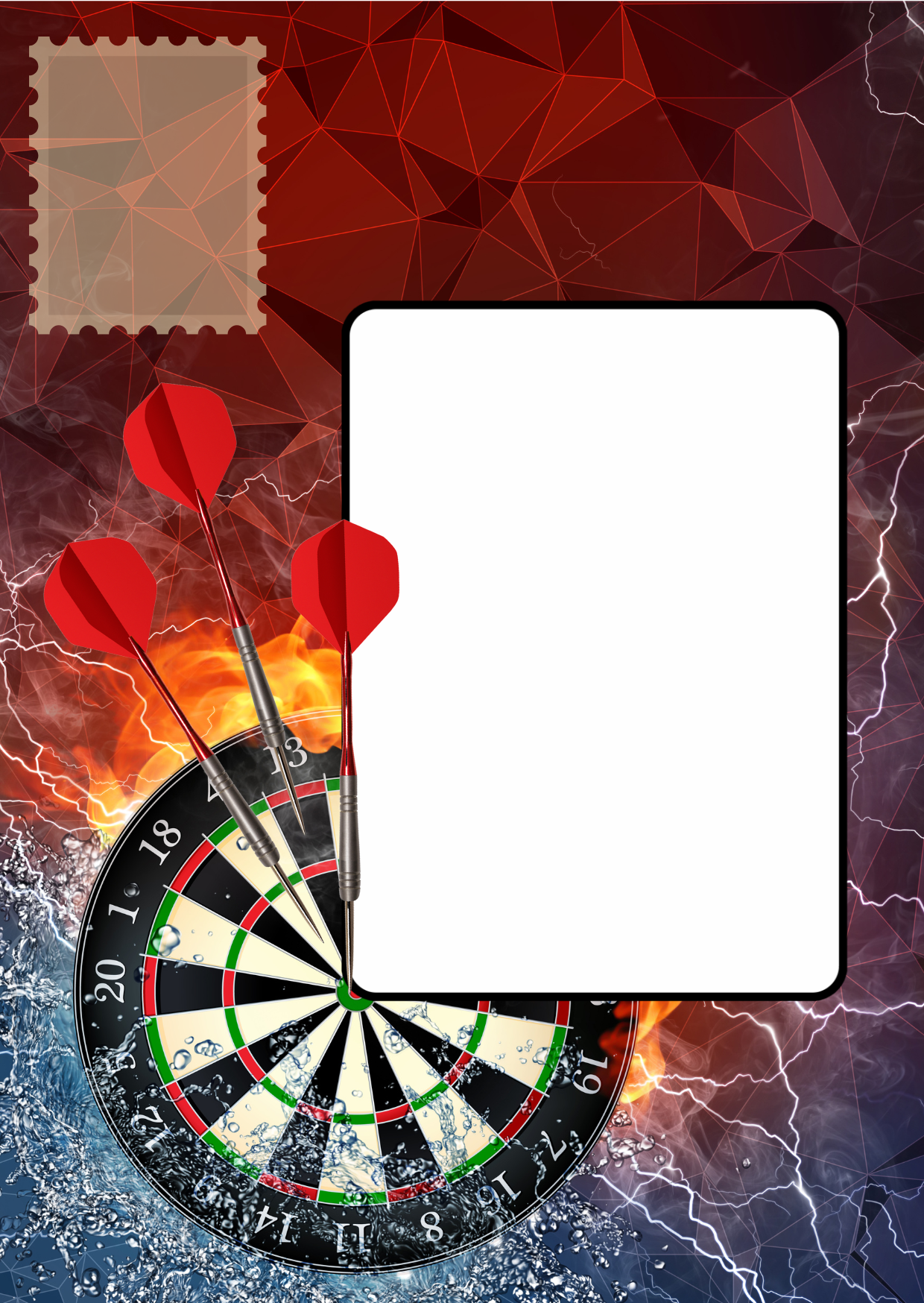Image shows the front posting cover for the Bare Cards Push the Limit Tri-fold Darts Birthday Cards. There is a clear white rectangle for the purchaser to write the name or address of the recipient and an image to affix the stamp to. This is on a full colour image of a Dart board and Darts.