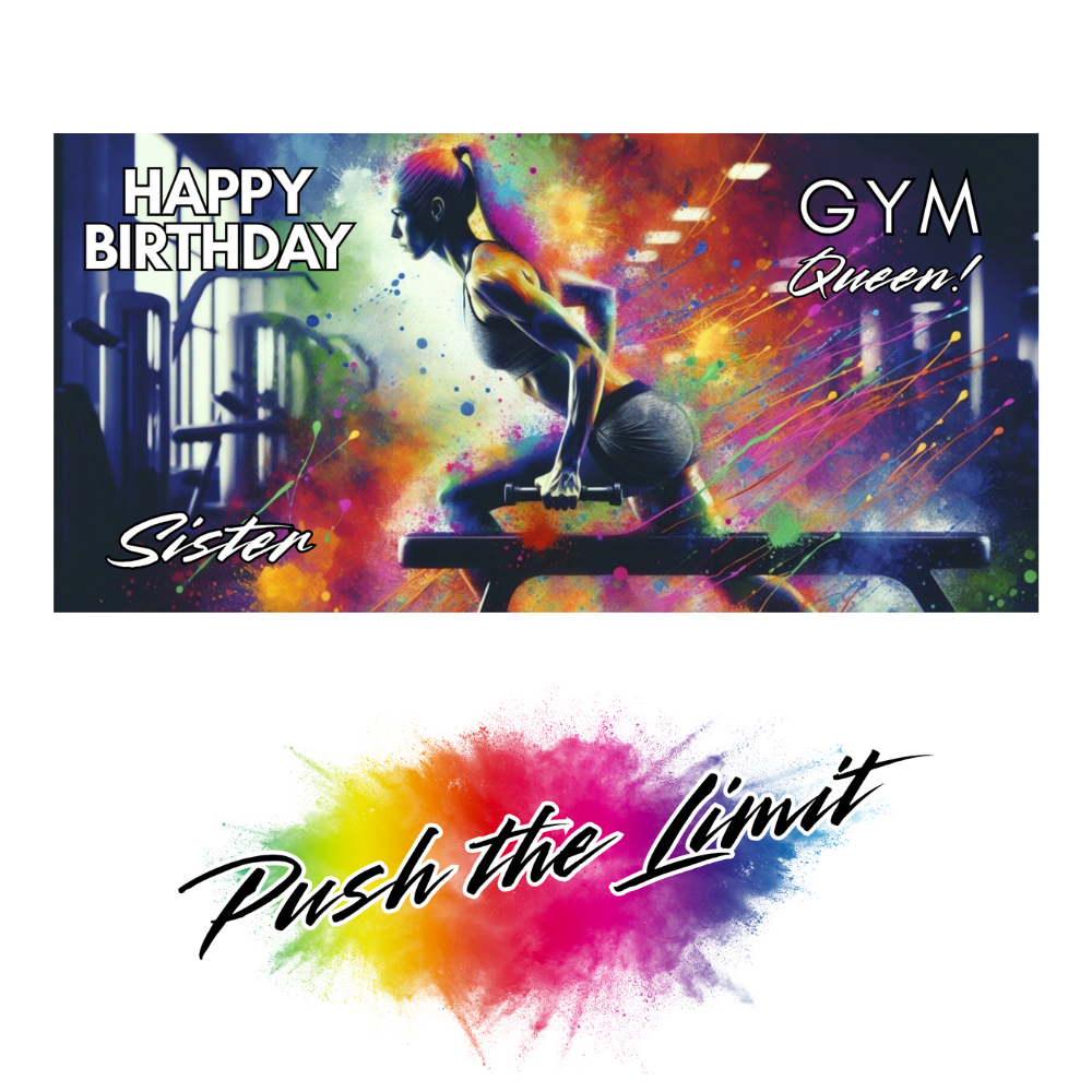 Trifold Gym birthday card for Sister featuring woman working out in the gym with rainbow splashes on a vibrant background; no envelope needed, eco-friendly design. Text on card reads: Happy Birthday Sister GYM Queen!" Image also shows Bare Cards "Push the Limit" Logo.